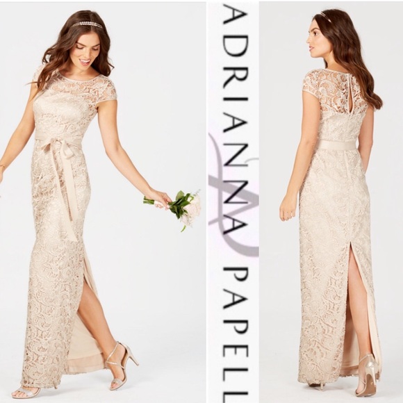 Adrianna Papell Lace with Waist Tie Long Gown - Picture 3 of 16